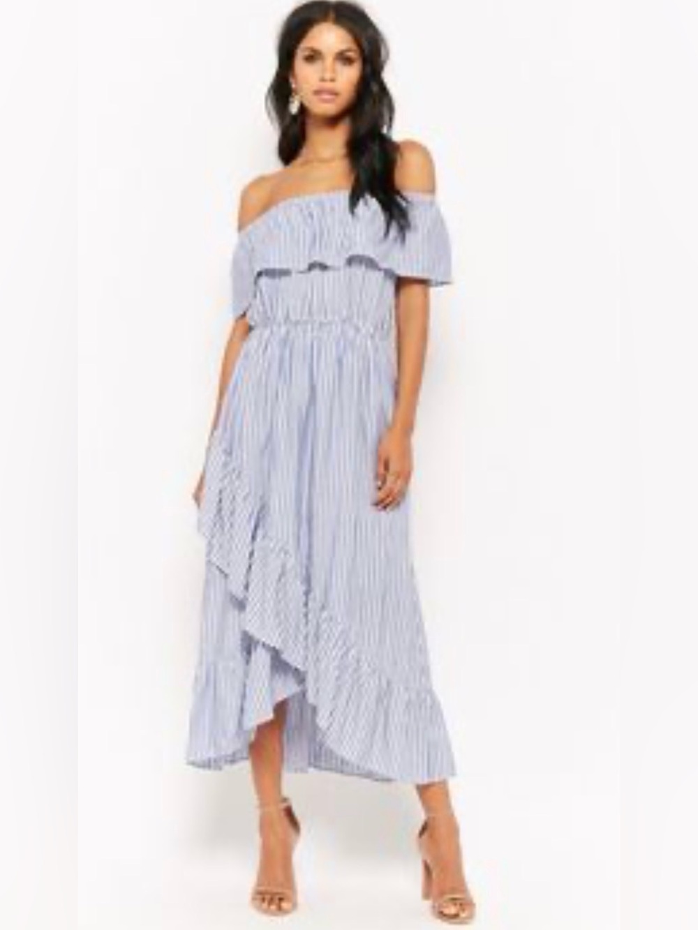 Off-Shoulder Striped Ruffle Maxi Dress | Blue & White | Size Small